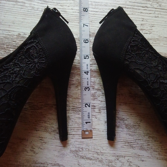 Elle Black Lace Suede Open Toe Heels with Zipper - Picture 9 of 10